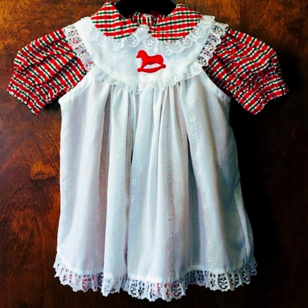 Vintage Toddler 2-Piece Holiday P afore Dress in Vibrant Red and Green Plaid